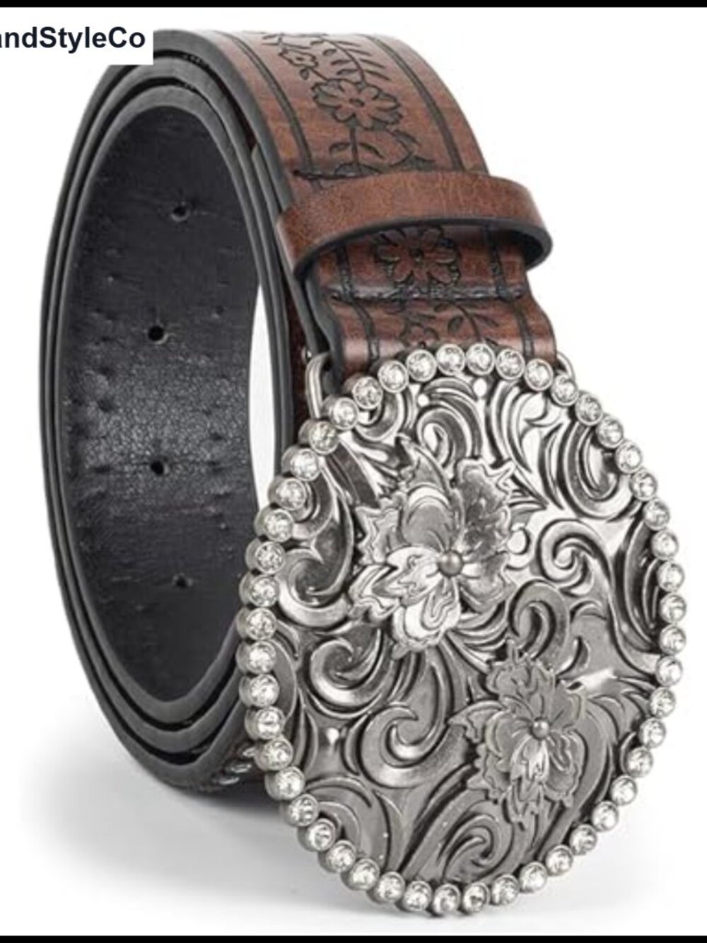 Women's PU Leather Western Belt with Rhinestone Buckle, 45 inch